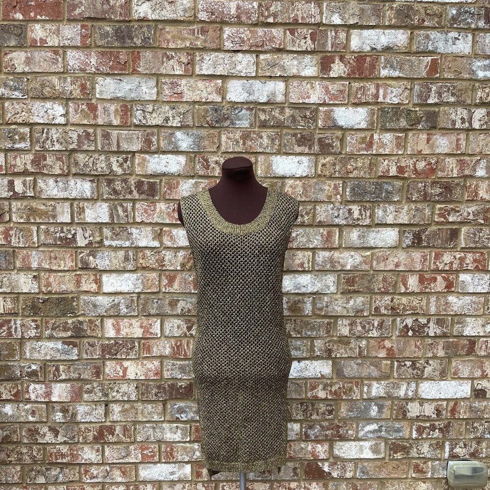 Ark & Co. Gold Crochet Knit Sheer Evening Metal Dress Size S